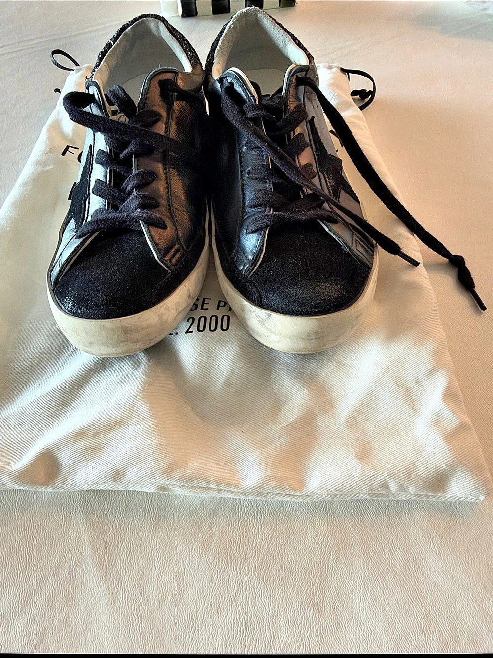 Golden Goose Super-Star Sneakers in Black Leather with Black Glitter Heel Black